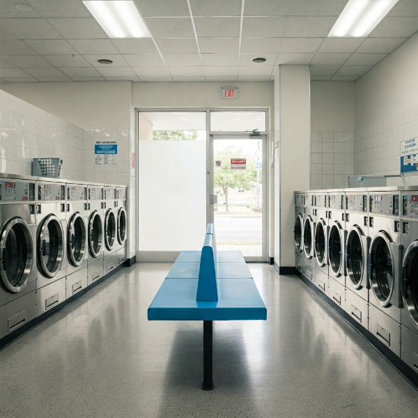 Bench Seating In Laundromat Blue Empty Store 600X600