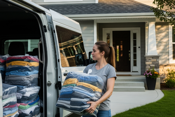 Woman Unloading Clean Laundry From Van 600X400